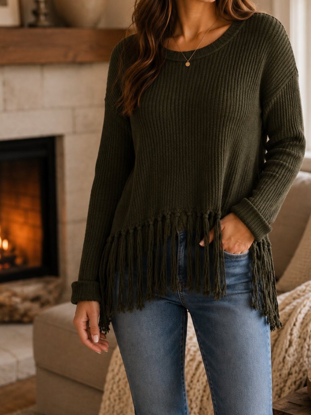 Anthropologie Eri Ali Women's Boho Open Back Fringe Tassel Sweater Fall Winter S